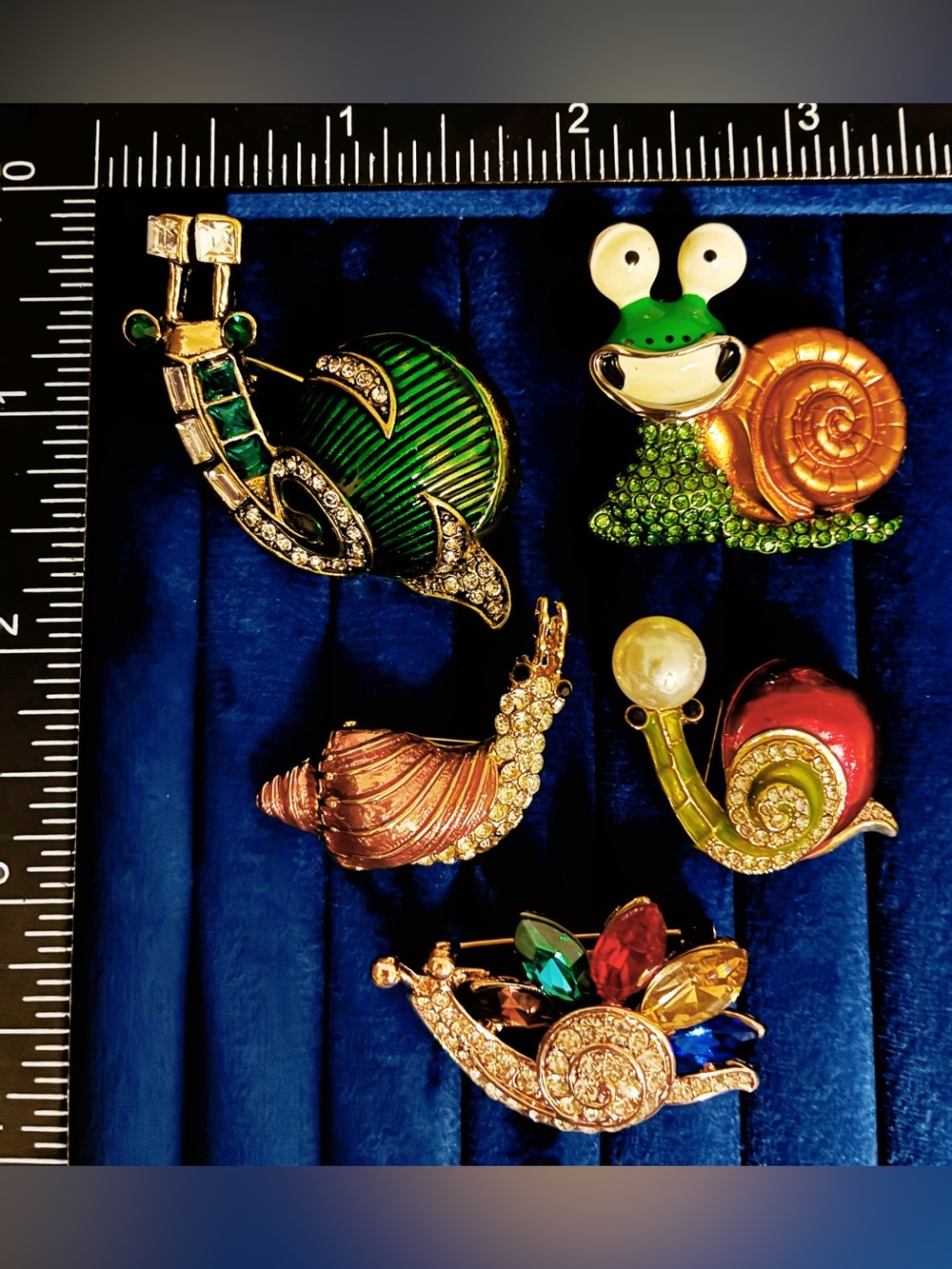 Lot 5 Snail Brooch Pins Rhinestone Enamel Faux Pearl Whimsical Animal Jewelry